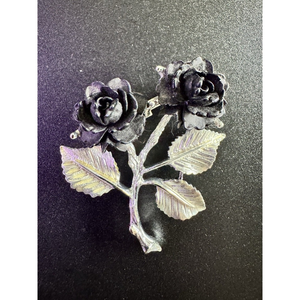Gerrys Vintage Black Double Rose Flower‎ Brooch Silver Tone Leaf Floral Pin